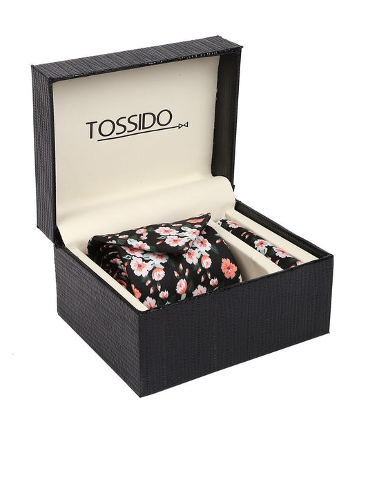 Black Printed Necktie & Pocket Square Set - TOSSIDO