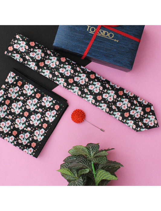 Black Printed Necktie & Pocket Square Set - TOSSIDO