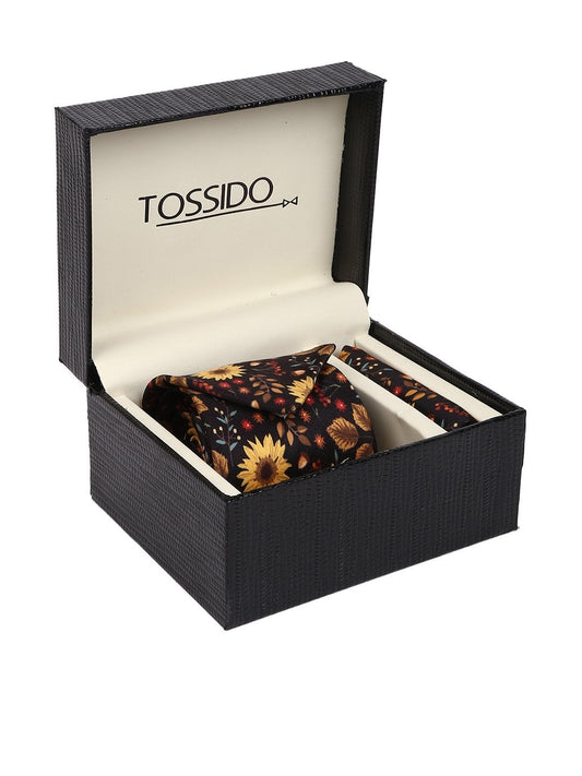 Black & Yellow Printed Necktie & Pocket Square Set - TOSSIDO