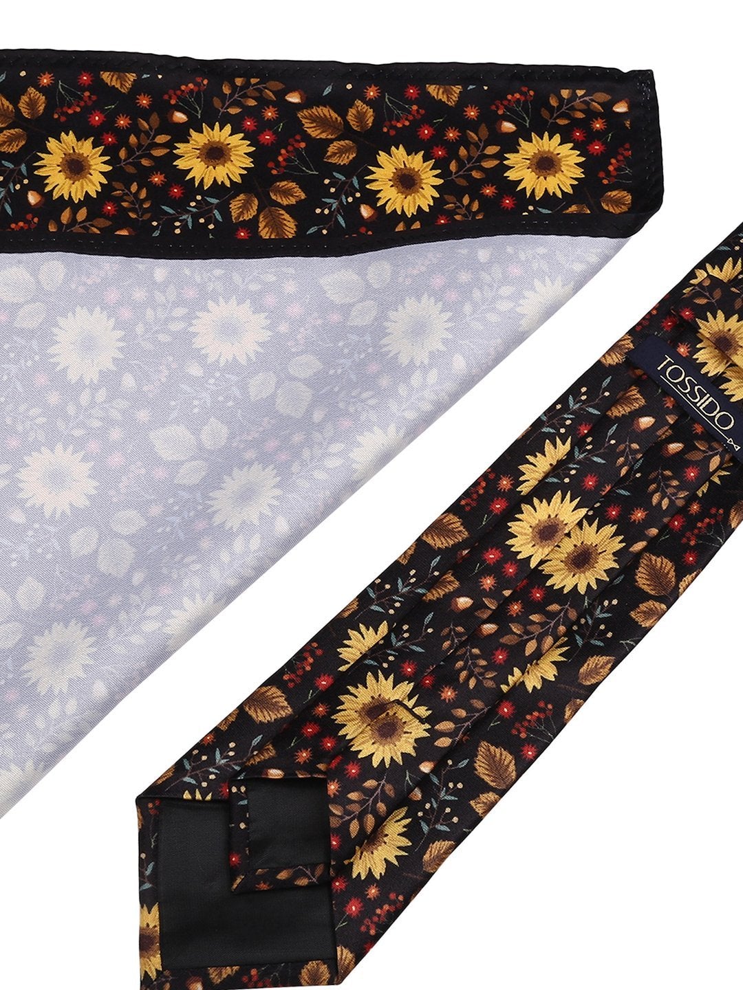 Black & Yellow Printed Necktie & Pocket Square Set - TOSSIDO
