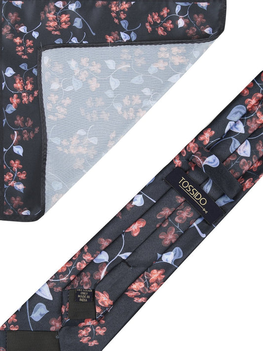 Blue Base Printed Necktie & Pocket Square Set - TOSSIDO