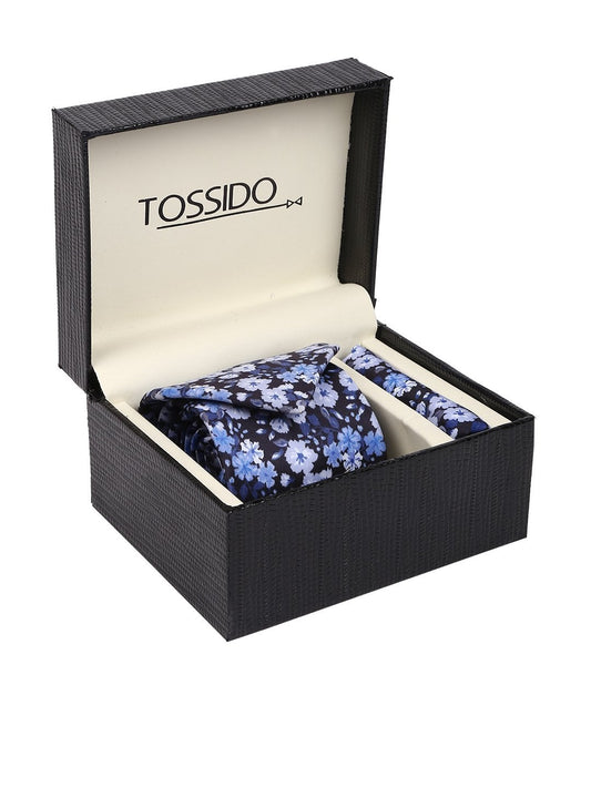 Blue Floral Printed Necktie & Pocket Square Set - TOSSIDO