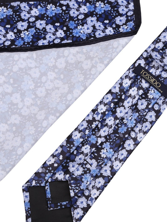 Blue Floral Printed Necktie & Pocket Square Set - TOSSIDO