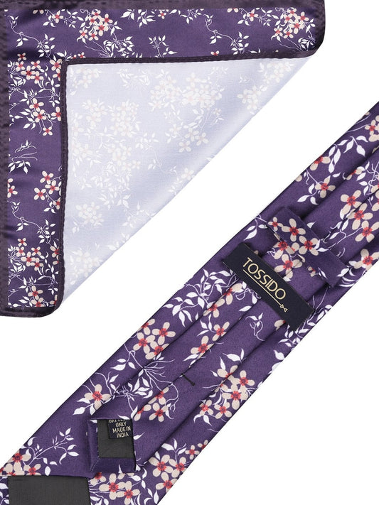 Purple Base Printed Necktie & Pocket Square Set - TOSSIDO