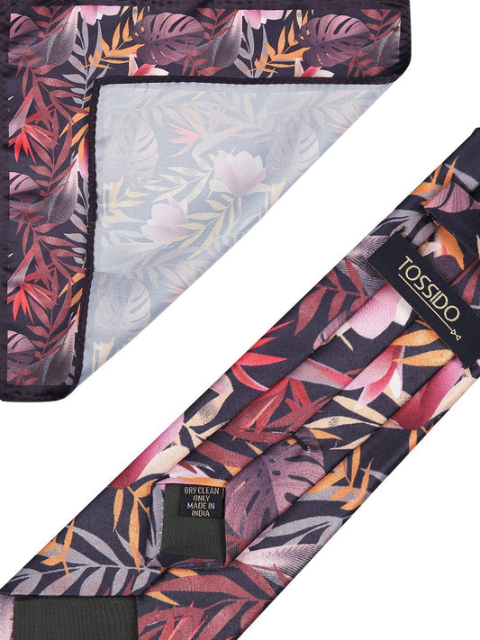 Purple Base Printed Necktie & Pocket Square Set - TOSSIDO