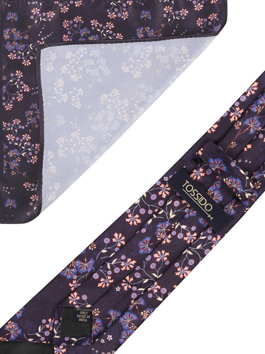 Purple Base Printed Necktie & Pocket Square Set - TOSSIDO