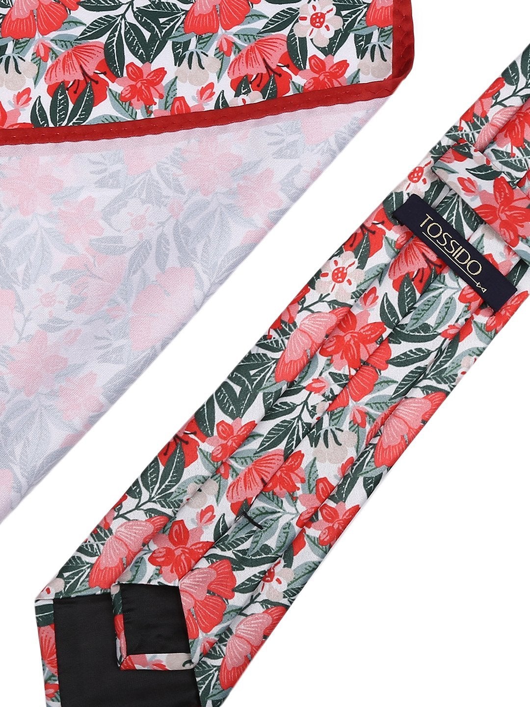 Red & Green Floral Necktie & pocket square giftset - TOSSIDO