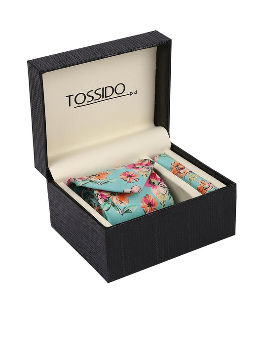 Sea Green Printed Necktie & Pocket Square Set - TOSSIDO