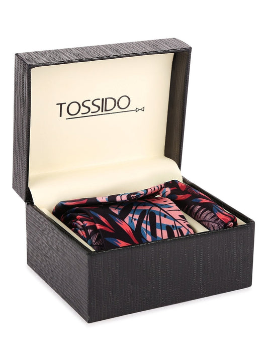 Black Base Printed Necktie & Pocket Square Set - TOSSIDO